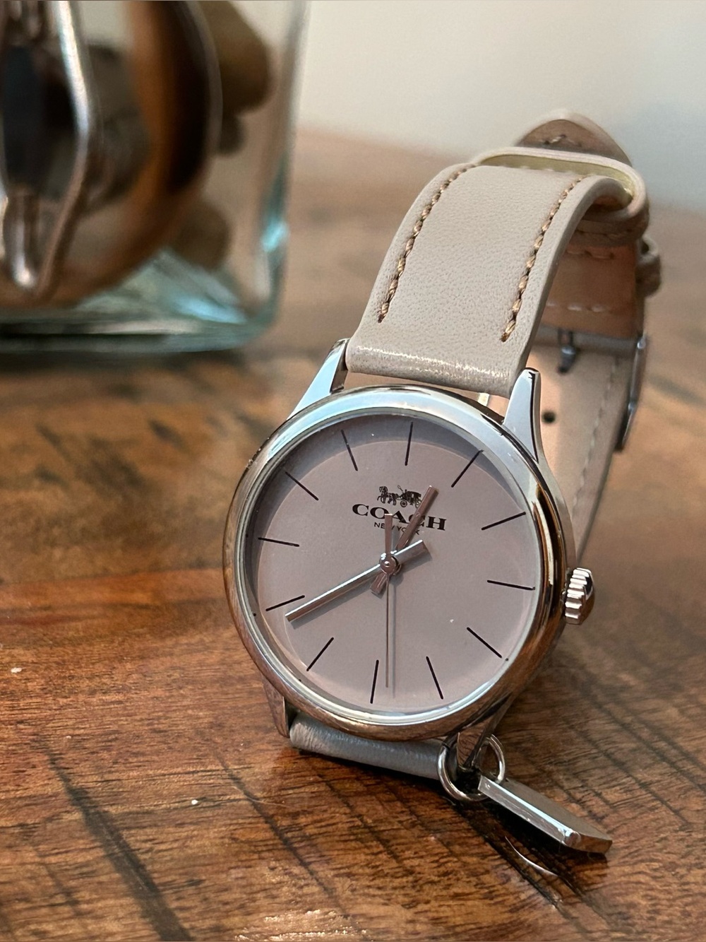 Coach Silver-Tone Round Watch with Leather Strap